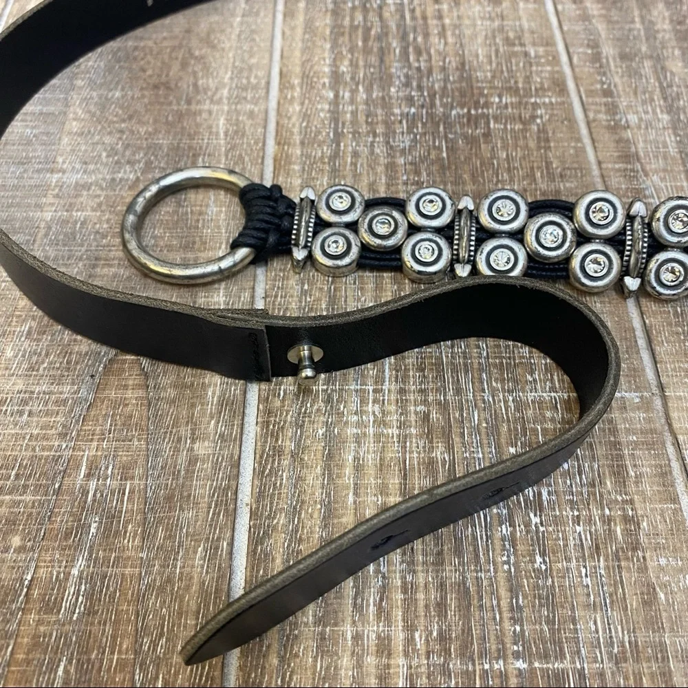 ANTONIAZZI FIRENZE Black Leather Belt Silver Hardware Rhinestones Made in Italy